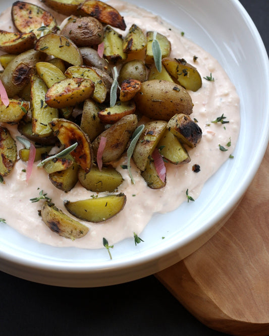 Grilled Baby Potatoes with Spicy Goat Cheese Crema