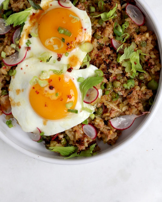 Pork fried rice with honey soy glaze