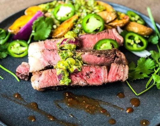 GRILLED BEEF WITH AVOCADO RELISH AND CRISPY FINGERLINGS